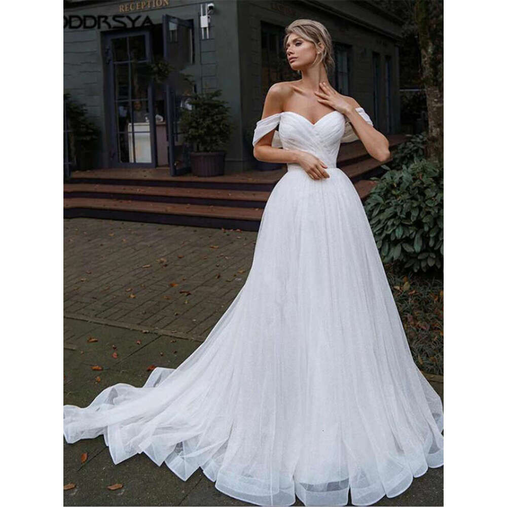 Elegant Sweetheart Straps Wedding Dresses Off Shoulder Tulle Bridal Gowns Bride Beach Sweep Train For Women 0218