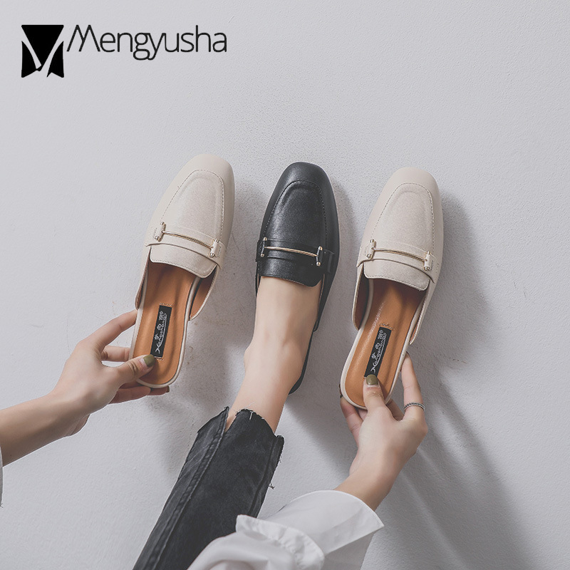 2023 square brand toe shoes woman metal decoration mules cozy flat heels sandals slip on pantufa slides women leather flip ps