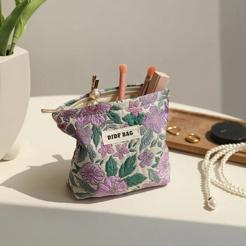 Womens Makeup Bag Small Vintage Purple Flower Large Capacity Cosmetic Lipstick Storage Bag Portable Coin Purse Clutch 240830