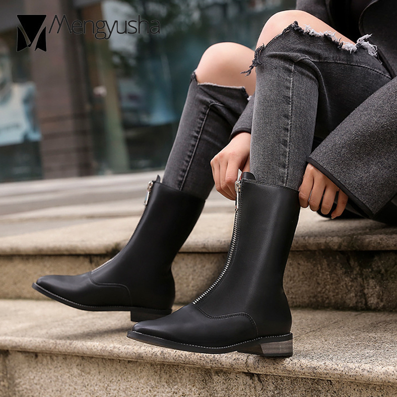 Zipper Women Brand Front Zip Closure Short Boots High Top Mid-Calf Motorcycle Botas Plush Winter Footwear Snow Booties 5be5