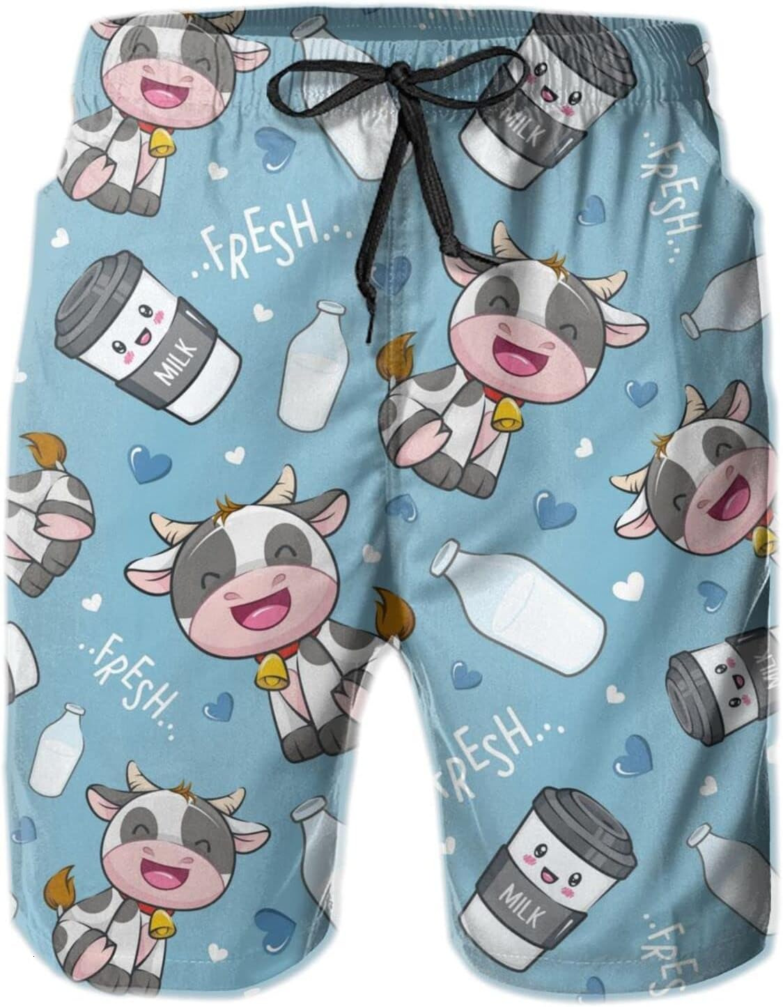 Mens Shorts 3D Printed Pattern Cartoon Cow Swim Trunks Quick Dry Fashion Beach Board Swimwear