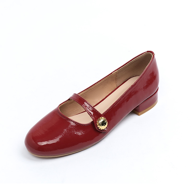 Heels 2.5cm 89cfa Low Woman Mary Janes Belt Strap Ladies Round Toe Pumps Shiny Leather Lolita Tacones Femmes Cherry Red Shoes 5567 2839
