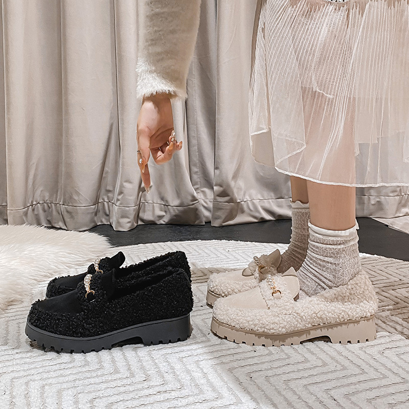 pearl brand 8560e designer strings fur flats women round toe villus creepers beading lambwool platform cotton moccasins shoes woman