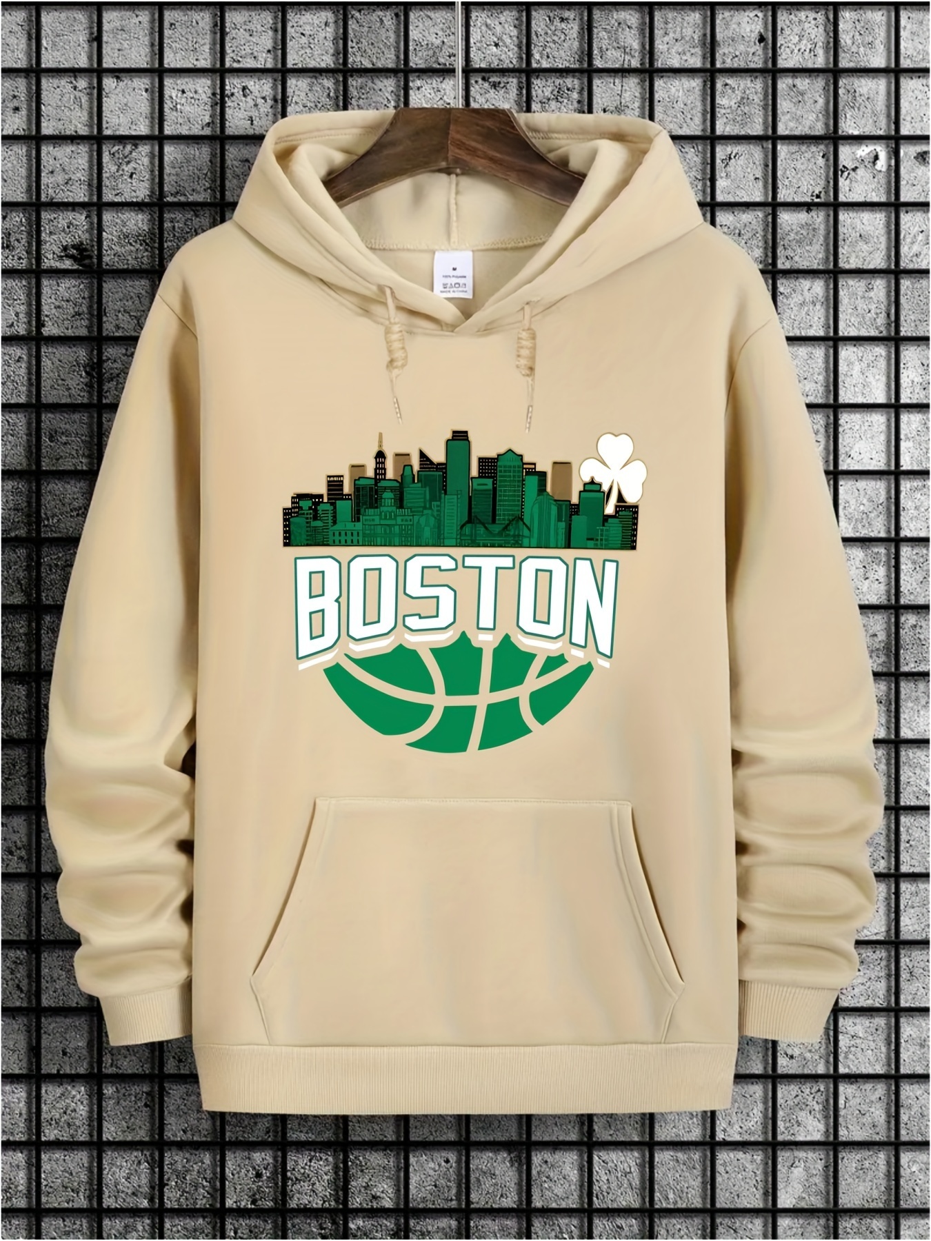 Cozy Boston Basketball Pattern Long Sleeve Hoodie - Soft Slight Stretch Polyester, Drawstring Hood, Kangaroo Pocket, Machine Washable - Casual Versati