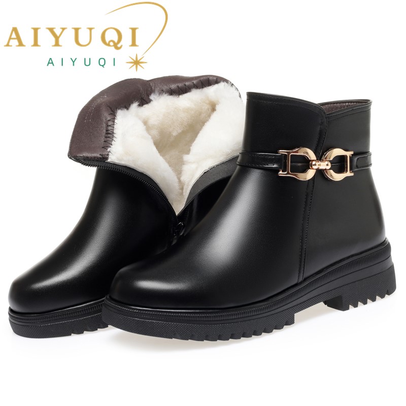 AIYUQI Women's Winter Shoes Boots Non-slip Large Size Women's Snow Boots Genuine Leather Warm Wool Mother Boots Women