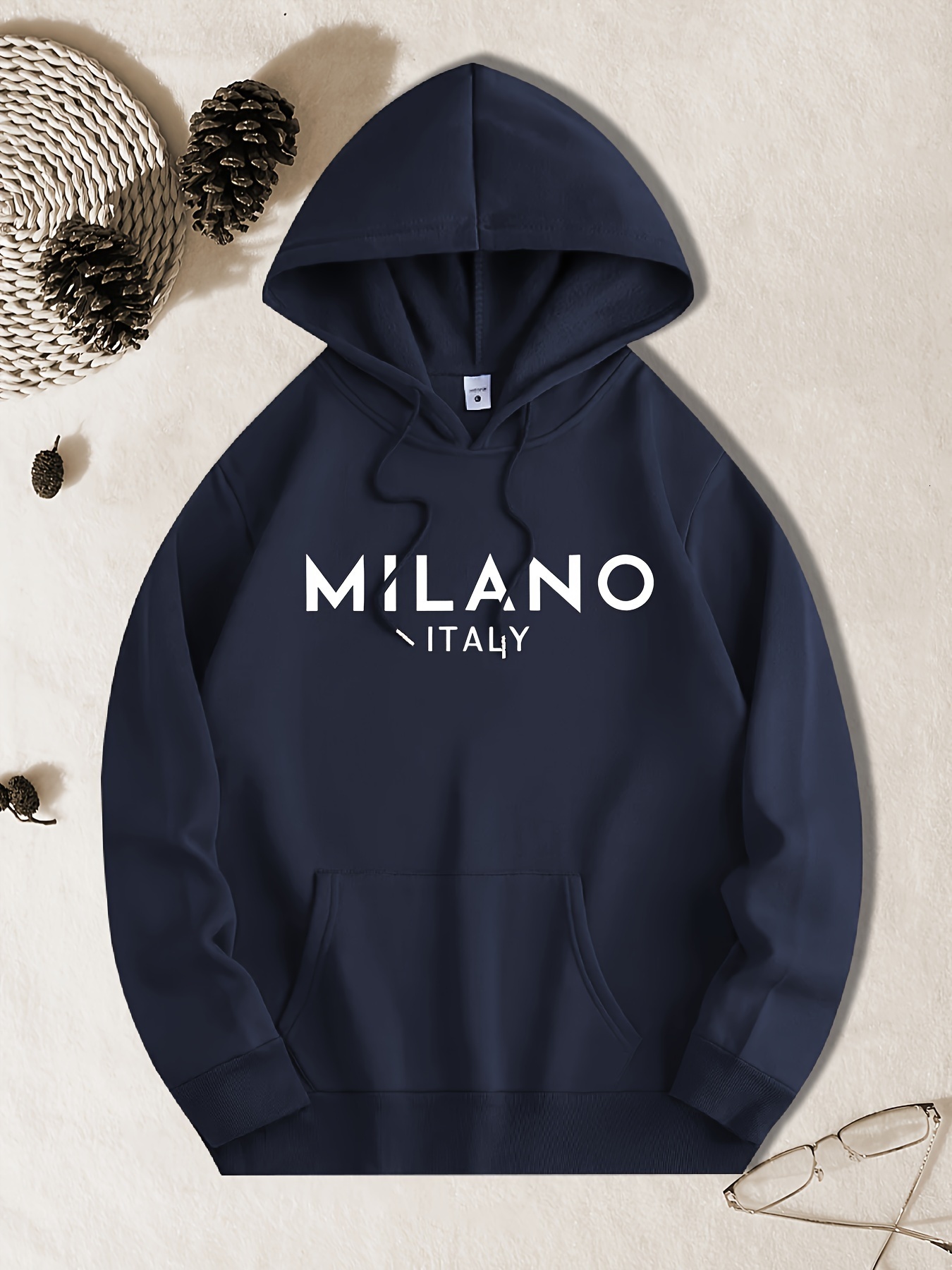 MILANO ITALY Letter Print Men's Long Sleeve Hoodie, Drawstring Hooded Sweatshirt With Kangaroo Pocket, Casual Comfortable Versatile Top For Autum
