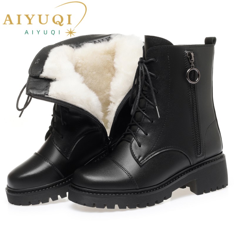 AIYUQI Women Short Boots Winter Large Size Wool Warm Women Ankle Boots British Style Non-slip Genuine Leather Women Snow Boots