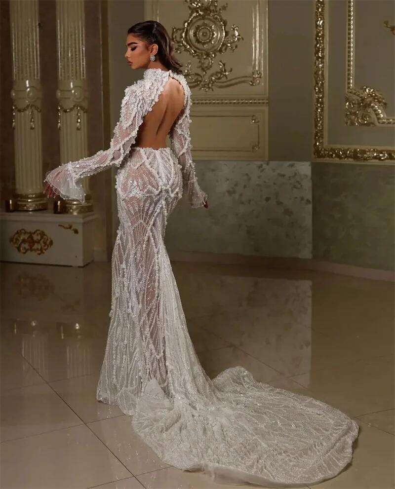 Elegant Pearls Lace Evening Dress Long Sleeves Open Back Party Gown Beach vestidos elegante Robe