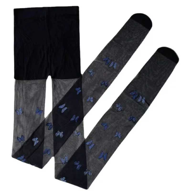 Socks Hosiery Women Girls Blue Butterfly Print Pantyhose Summer S-Through Ultra-Thin Sexy Silky Tights Japanese Lolita Seamless Stockings Y240833087S1