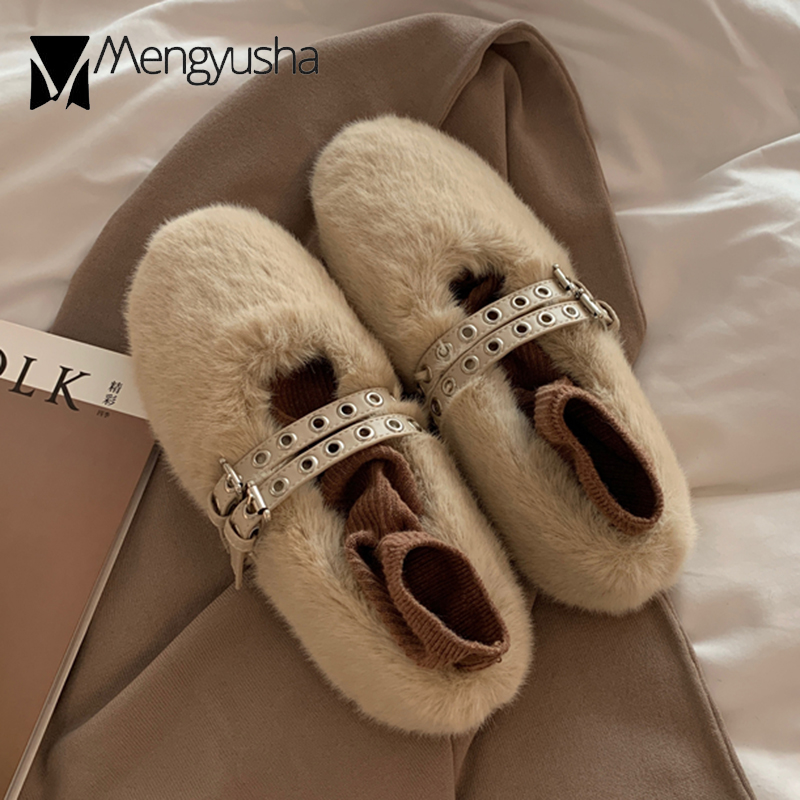 3347f shoes Winter Cotton for women ballerina cozy cotton loafers warm plush moccasins woman double studs buckle belt fur flats 2023