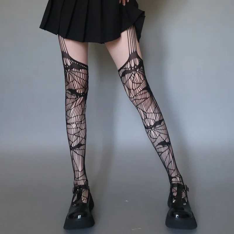 Hosiery Gothic Socks Bat Long Sexy Fishnet Stockings Women Harajuku Emo Alternative Mesh Bat Tights Lingerie Skin Thigh High Garters Hosiery Y240833