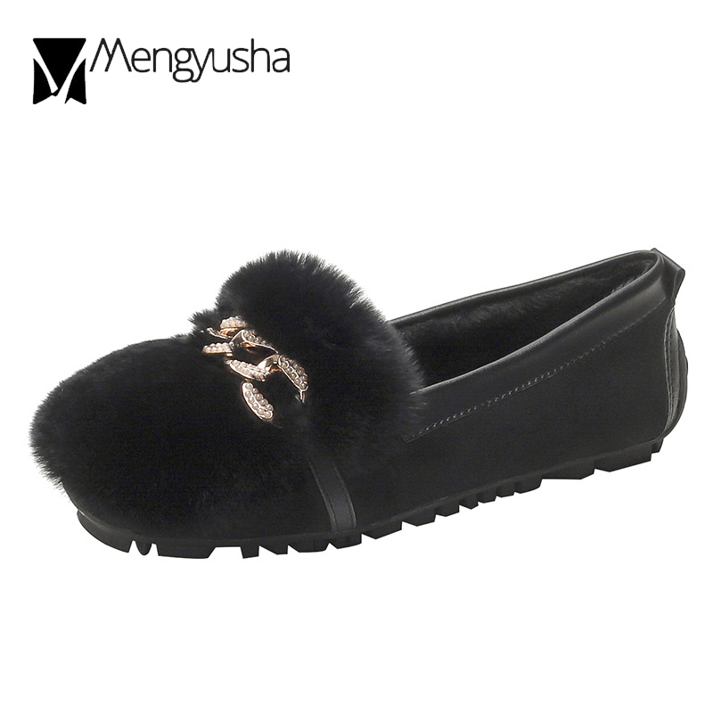 Cotton Plush Woman 70472 Rabbit Fur Flats Big Size Pregnant Comfy Loafers Ladies Crystal Chains Moccasins Fleeces Snow Shoes