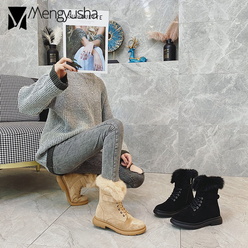 rabbit fur 2023 snow boots women suede leather thicken plush winter booties cotton shoes woman furry ankle botas big size 43 23ae ry