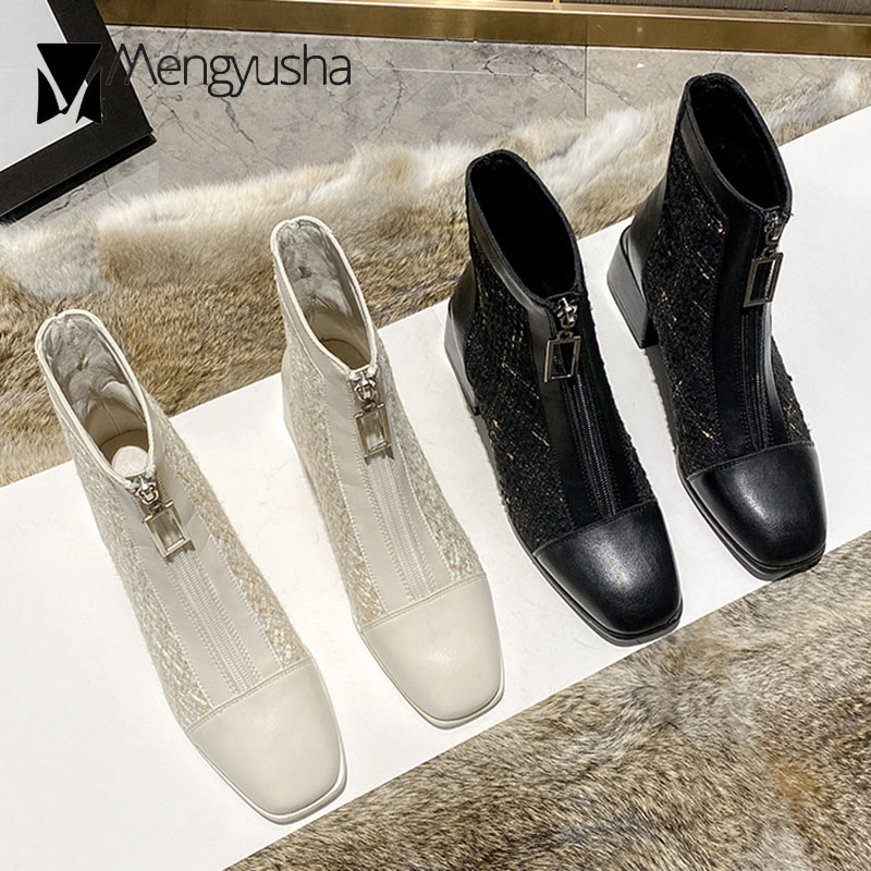 boots Front Zipper women winter shoes square toe thick heels riding botines mujer plaid cloth patchwork short botas 7806