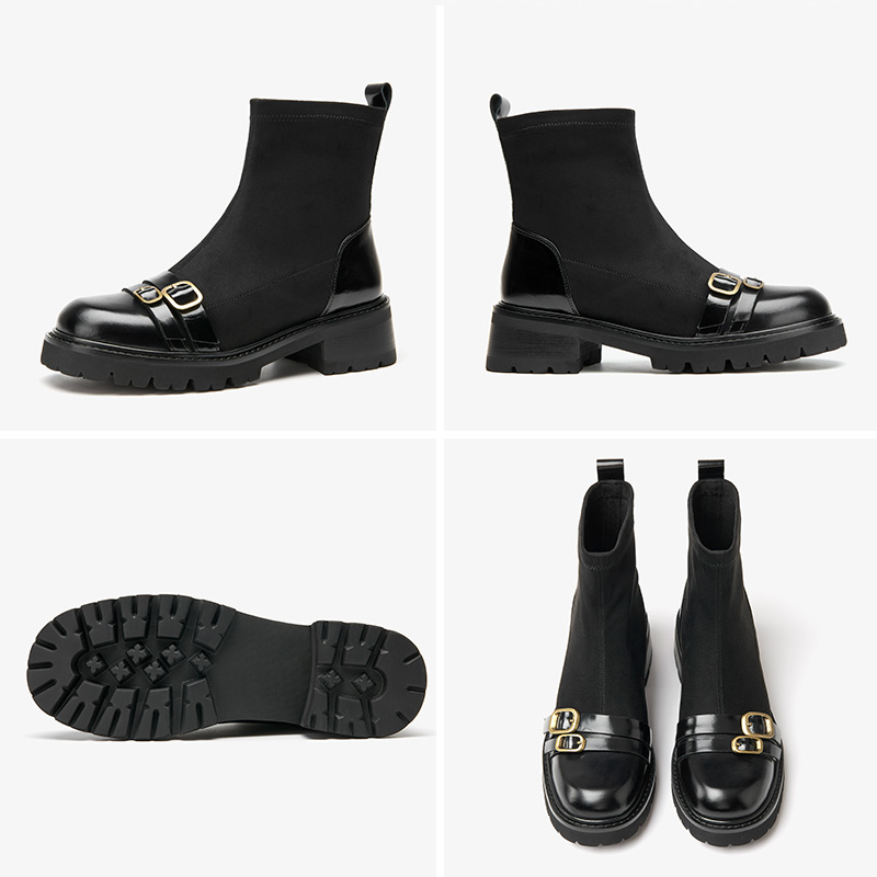 Sock BeauToday Ankle Boots Women Cow Leather Stretch Fabric Metal Buckle Slip On Platform Sole Ladies Shoes Handmade 03518 fdab