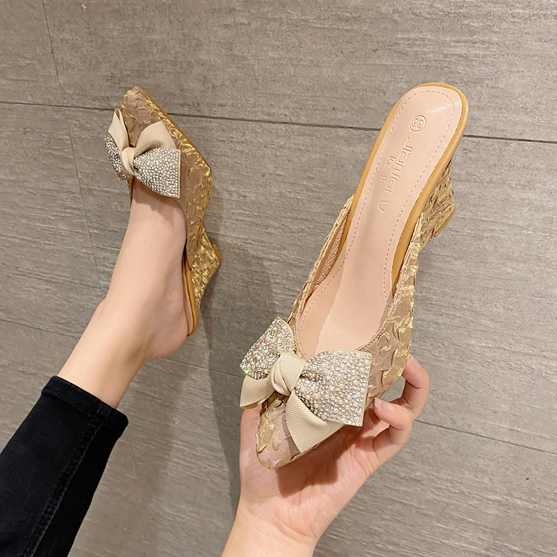 Toe Pointed Coloful beading bow slippers women high heels outdoor slides feast shoes pleated silk blue mules female sandalias ef0