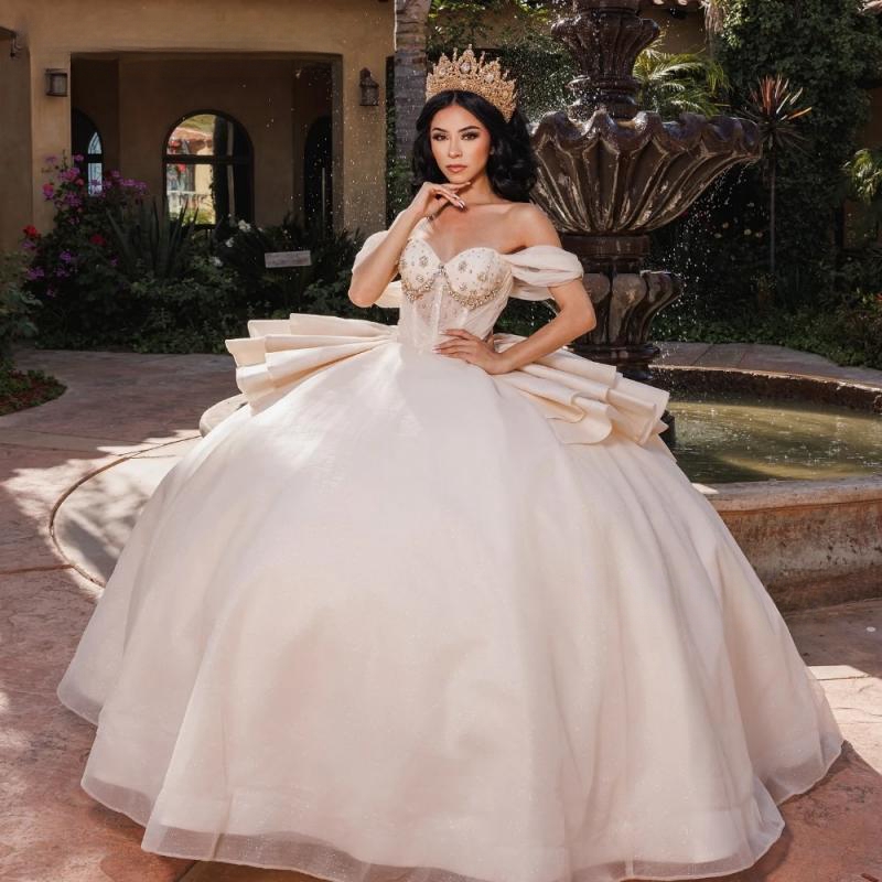 Mexican Beige Shiny Quinceanera Dress Ball Gown Off Shoulder Beaded Crystal Tiered Corset Sweet 16 Vestido De 15 Anos