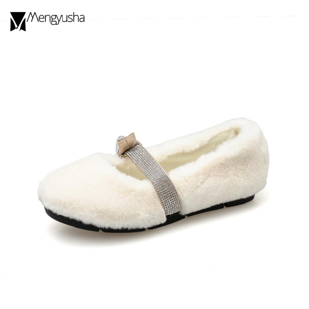47c81 Cashmere Flats female crystal bow-knot fur loafers cotton women shearg mary jane shoes woman plush rhie moccasins