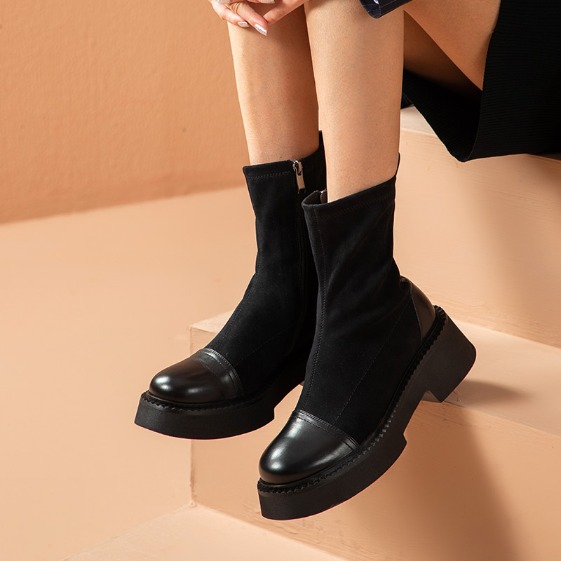 Stretch BeauToday Fabric Boots Women Calfskin Patchwork Platform Round Toe Side Zipper Female Ankle Shoes Handmade 03556 2e66