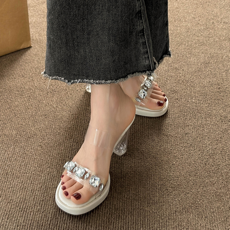 Platform Chunky High Heels Women Summer 2023 New Shiny Crystal Transparent Pvc Sandals Woman Clear Thick Heeled Party Shoes 23c9