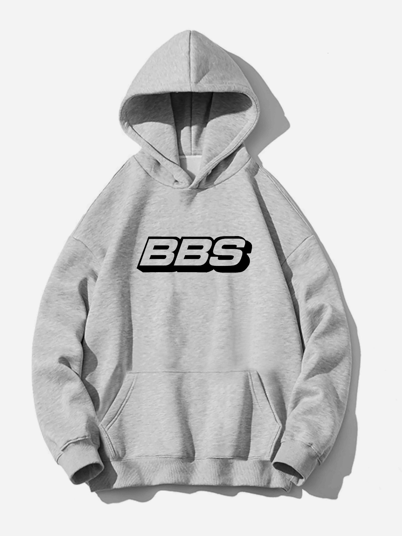 BBS Letter Print Hoodie With Kangaroo Pocket, Men's Casual Slightly Stretch Pullover Hooded Sweatshirt For Fall Winter