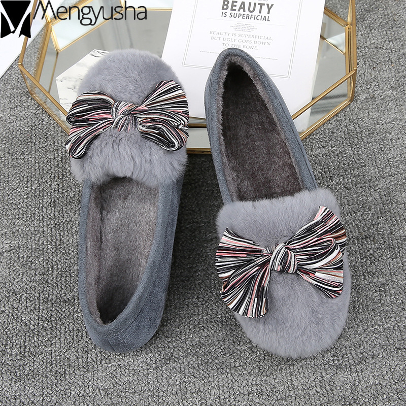 sizes Plus 6c4da 42 41 woman cotton shoes winter rabbit fur plush flats striped bowknot creepers comfy loafers casual female moccasins