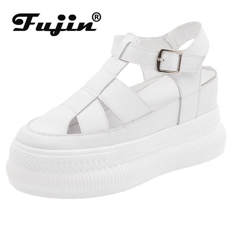 Fujin 9cm New Cow Genuine Leather Moccasins Designer Round Toe Sandals Hook Ankle Boots Women Summer Fashion Ladies Hollow Shoes