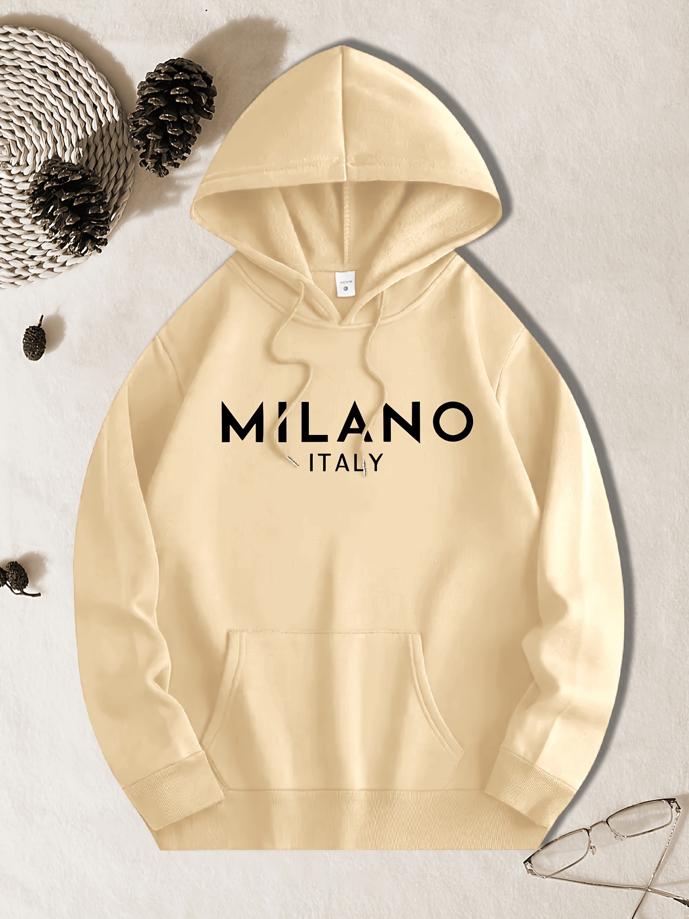 MILANO ITALY Letter Print Men's Long Sleeve Hoodie, Drawstring Hooded Sweatshirt With Kangaroo Pocket, Casual Comfortable Versatile Top For Autum