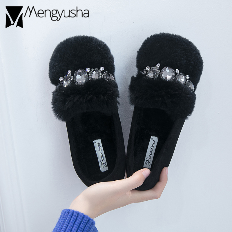 fur hair Rabbit Ladies 43333 shoes big size rhie winter plush cotton loafers flat heels crystal creepers new moccasins women