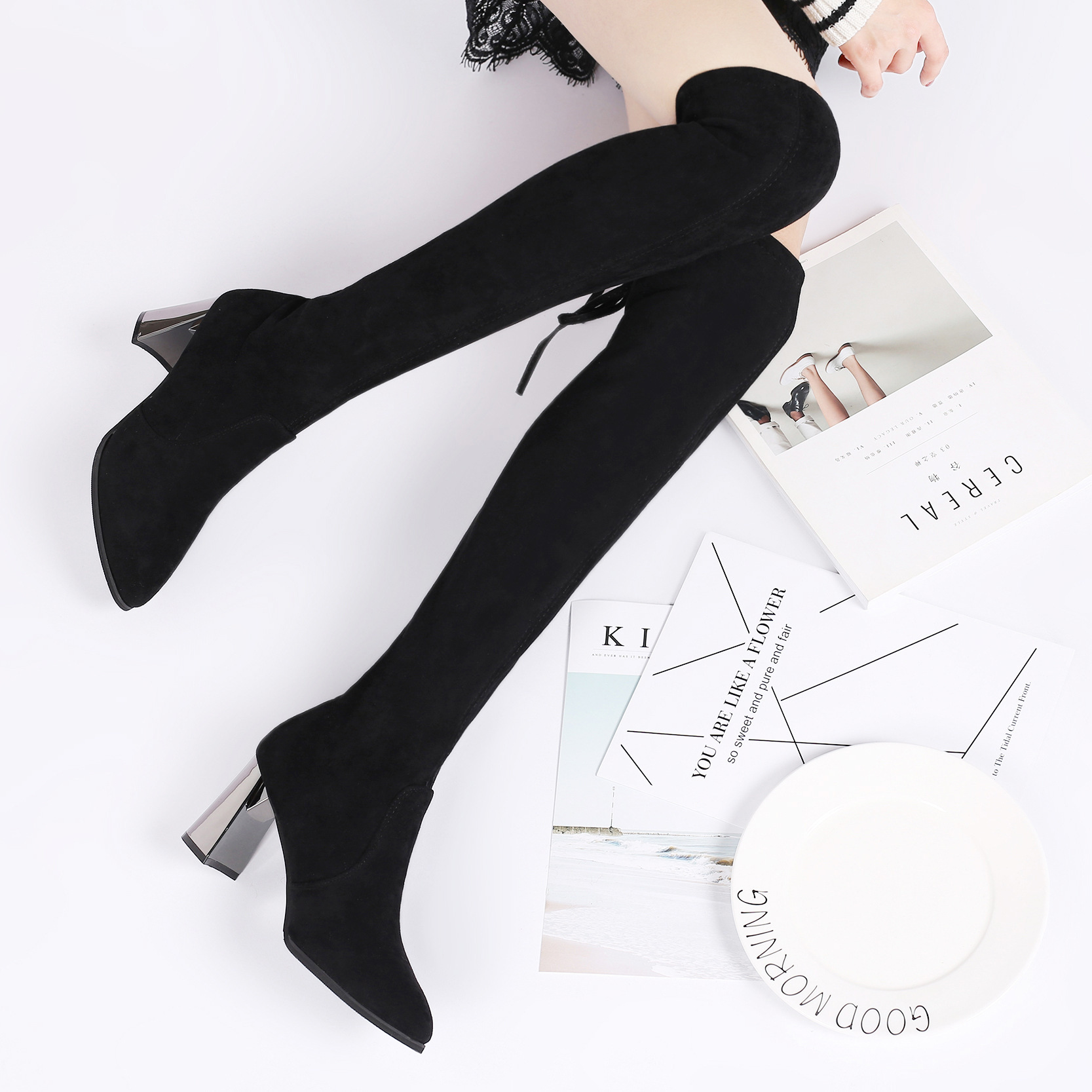 The Over Knee Tie Long Boots For Women Winter Pointed Toe Black Female Shoes Size 35-40 Botas Mujer women boots 9c65