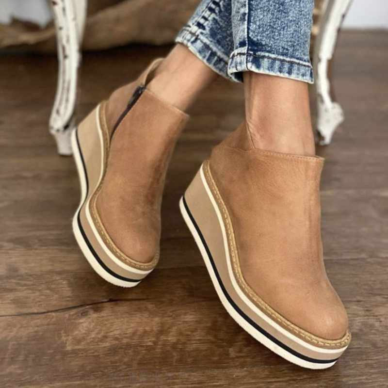 Size Plus Wedges Heels Women's Ankle Boots Comfortable Round Toe Lace Up and Zipper Shoes 2023 Autumn New Thicken botas de mujer 4624