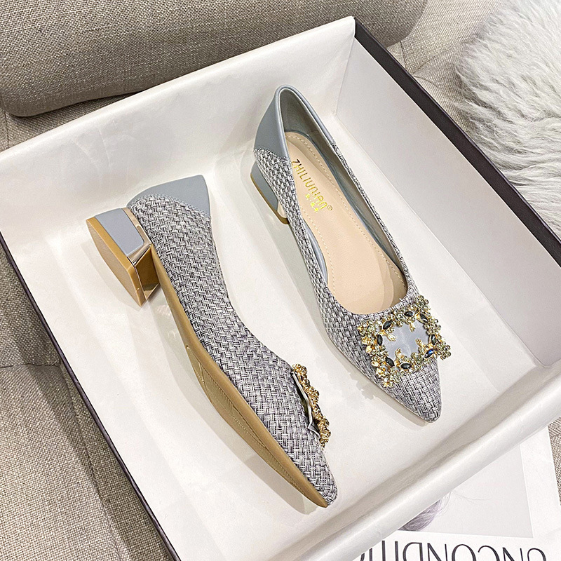 crystal 31d0f square buckle med-high heels shoes woman new designer leather knitting pumps metal heeled tacones mujer plus size43