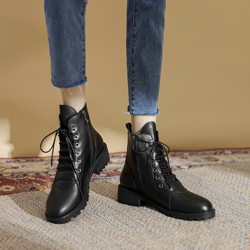 designer pleasted new leather ankle boots thick heels short riding botas lace up rubber booties for women 5d07