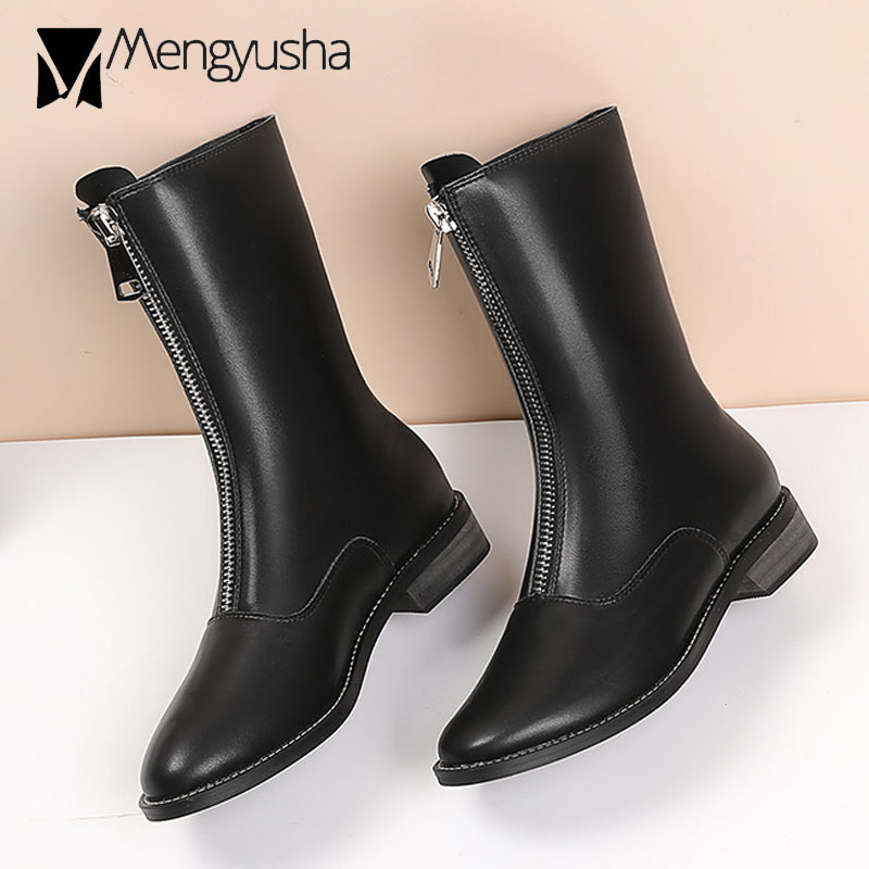 Zipper Women Brand Front Zip Closure Short Boots High Top Mid-Calf Motorcycle Botas Plush Winter Footwear Snow Booties 5be5