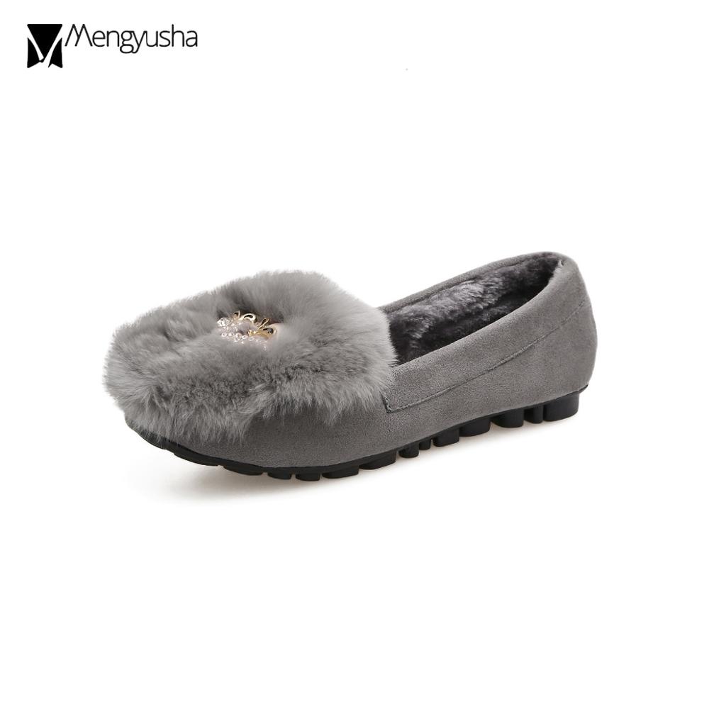 cozy rabbit fur flats 84ee8 rhie buckle plush moccasins 41-43 big size crystal furry loafers women winter cotton shoes ry
