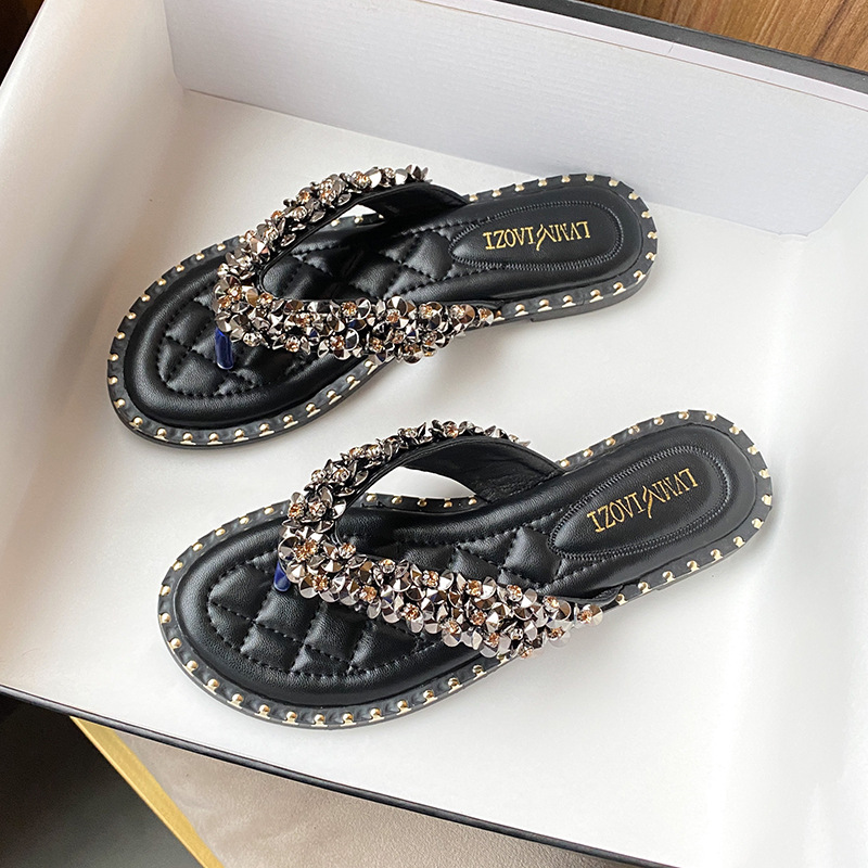 rivets glitter flip ps flat heel metal studded jandal sandals 34-43 plus size summer beach New slides for women slippers