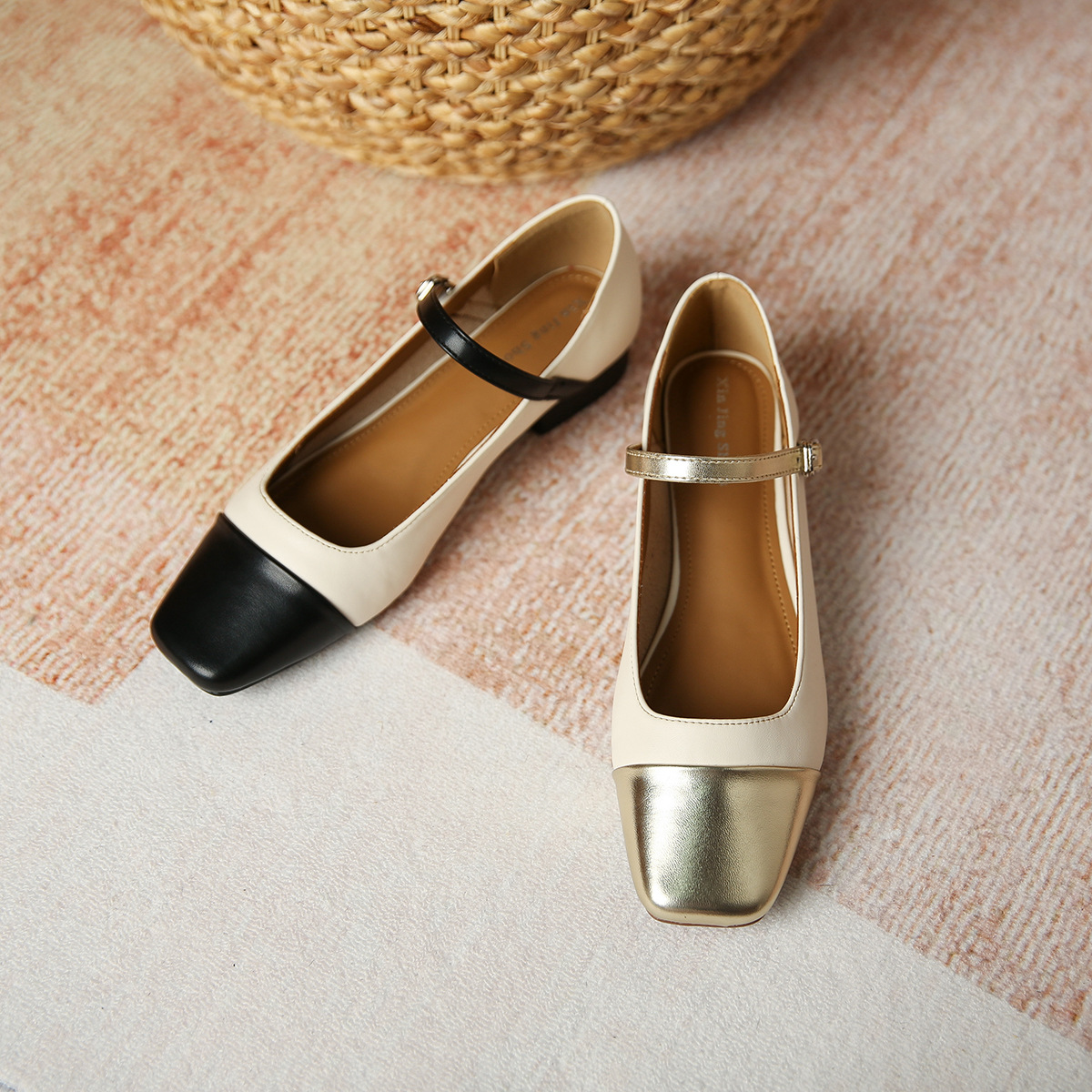 new 2023 deisgner 3de91 mary janes shoes for woman gold leather patchwork ballet flats square toe ankle strap loafers women moccasins