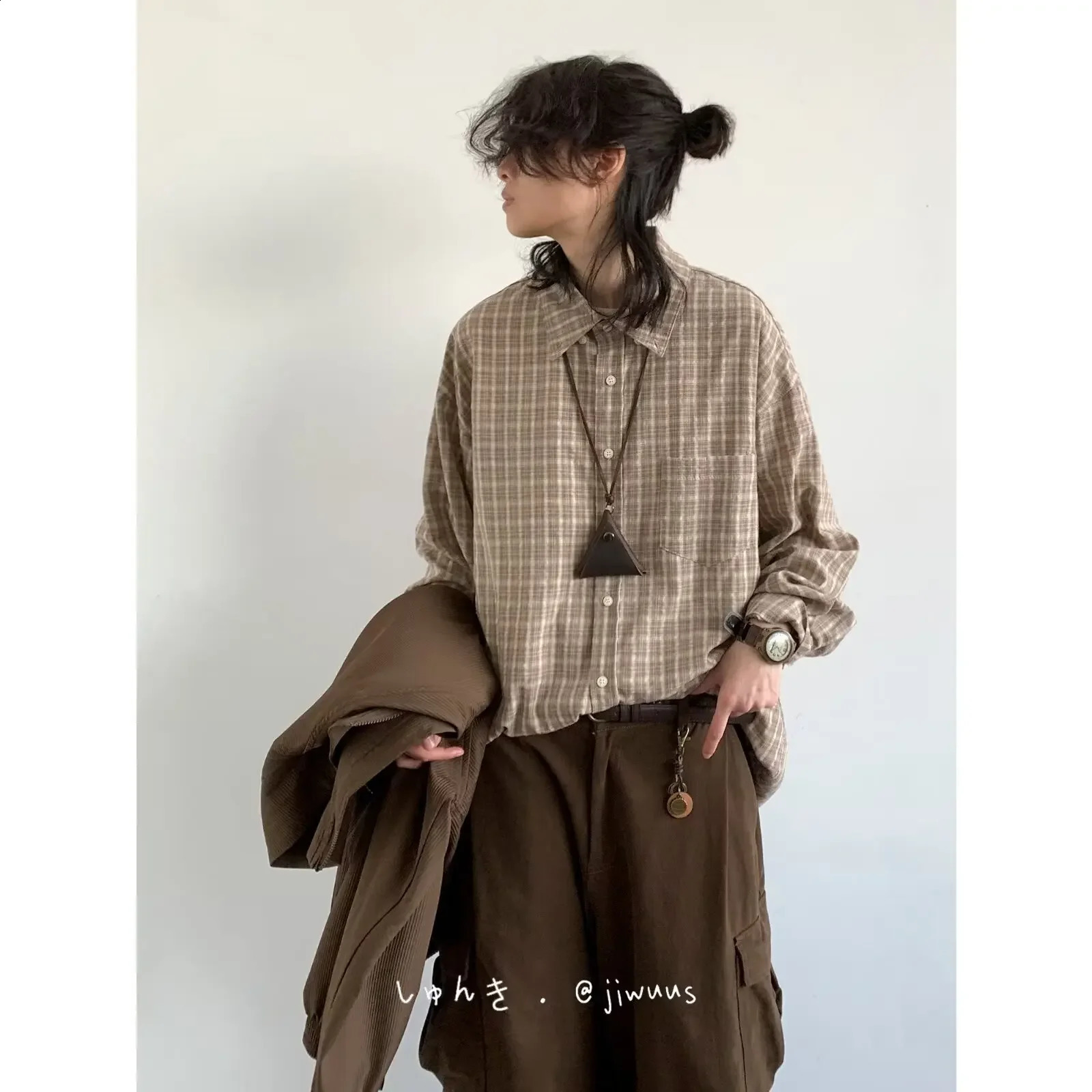 Japanese Style Plaid Long Sleeve Shirt For Men Casual Loose Fit Jacket Trendy Vintage Couple Base Shirt Spring Autumn Season 240902