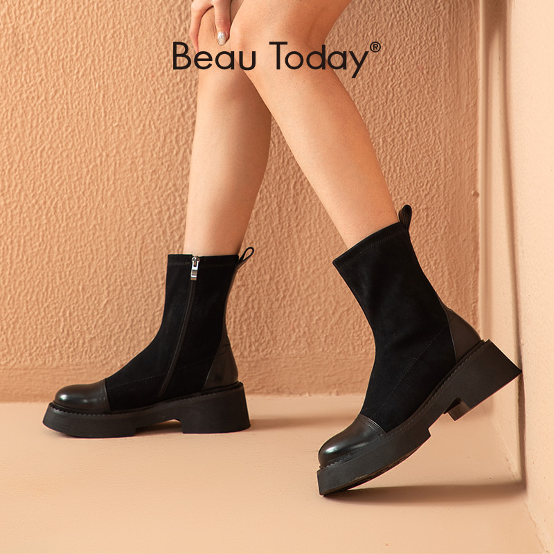 Stretch BeauToday Fabric Boots Women Calfskin Patchwork Platform Round Toe Side Zipper Female Ankle Shoes Handmade 03556 2e66