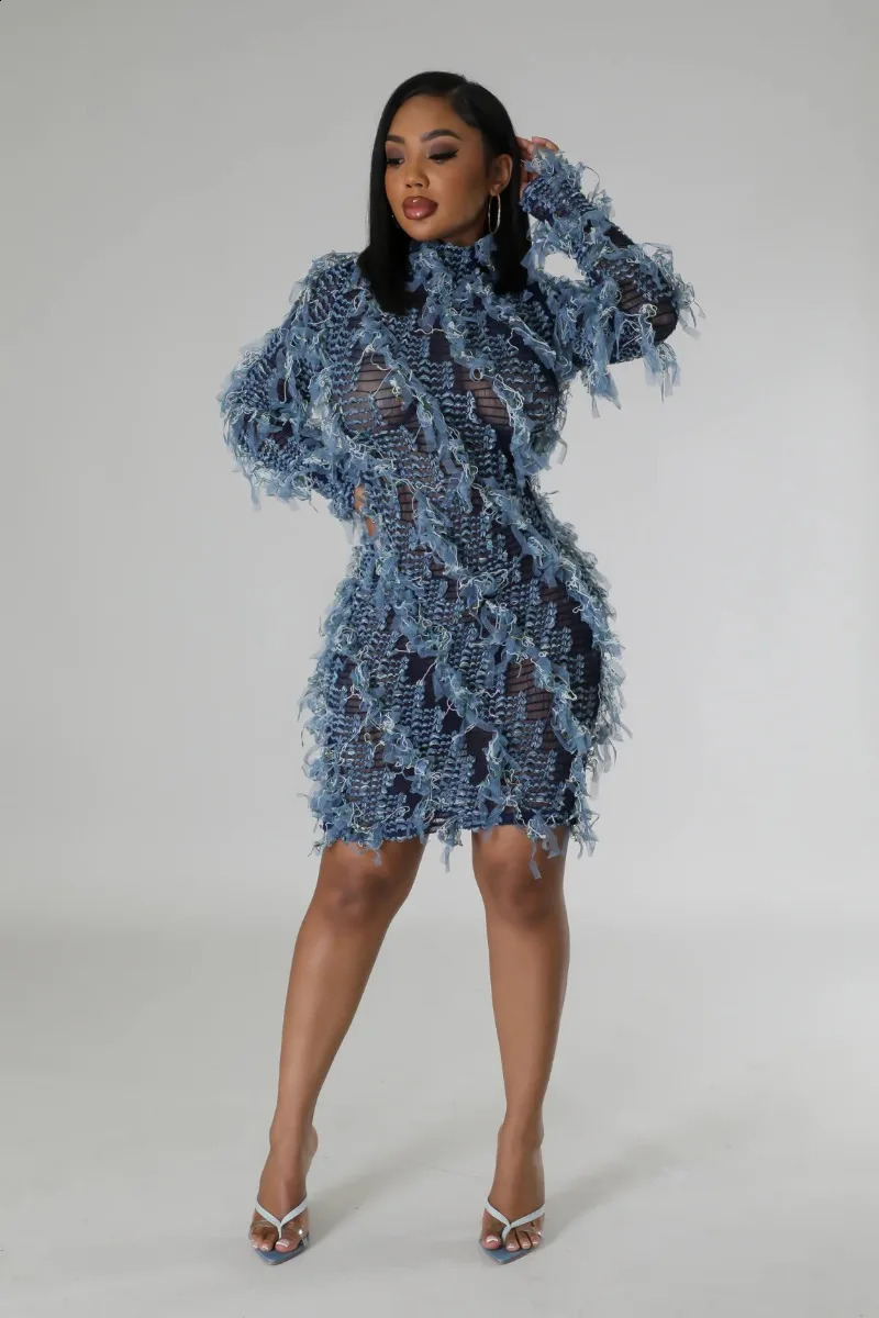 Patchwork Mesh Tassel Womens Tight Mini Dress Elastic Turtle Neck Long Sleeve Slimming Fashionable Club Party Dress Y2K Street Clothing 240902