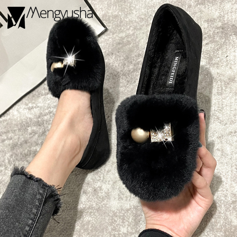 7bcf9 metal round square & decoration rabbit fur flats cotton shoes crystal buckle plush loafers women furry moccasin big size43 ry