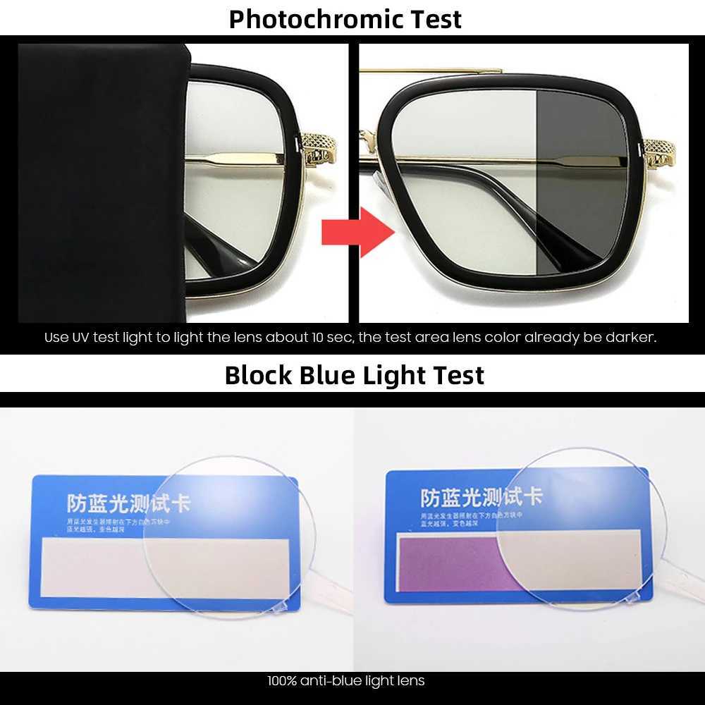 Square photochromic glasses for men anti blue light blocking glasses computer light retro unisex Tony Stark glasses M240902
