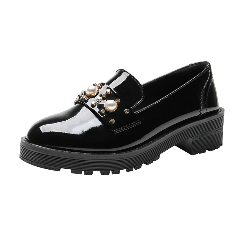 style British metal 7c71f rivets flats japanned leather pearl buckle brogues woman round toe platform oxford shoes plush loafers