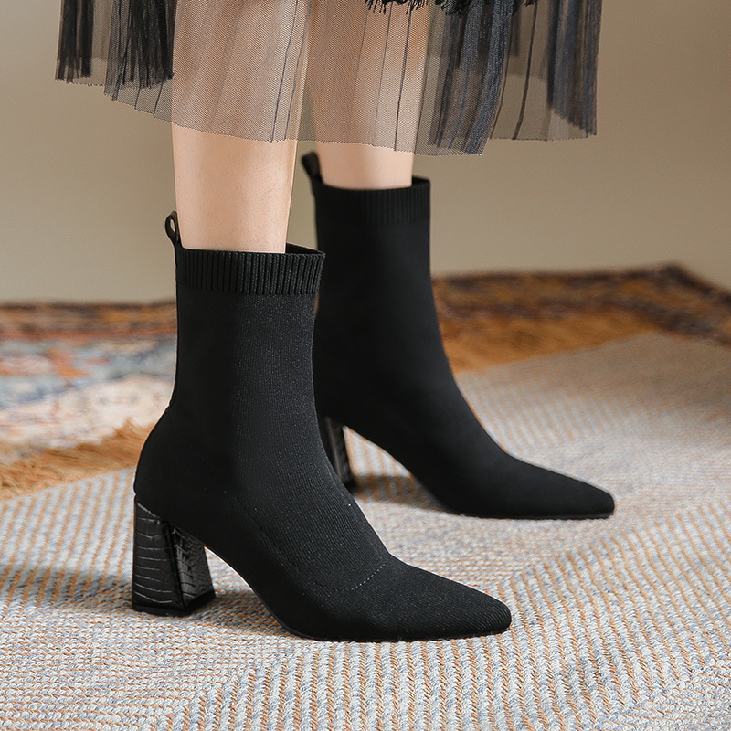 big size 35-42 sock boots women high heels winter shoes pointed toe knitting ankle bottine femme stretch yarn elastic botas c620
