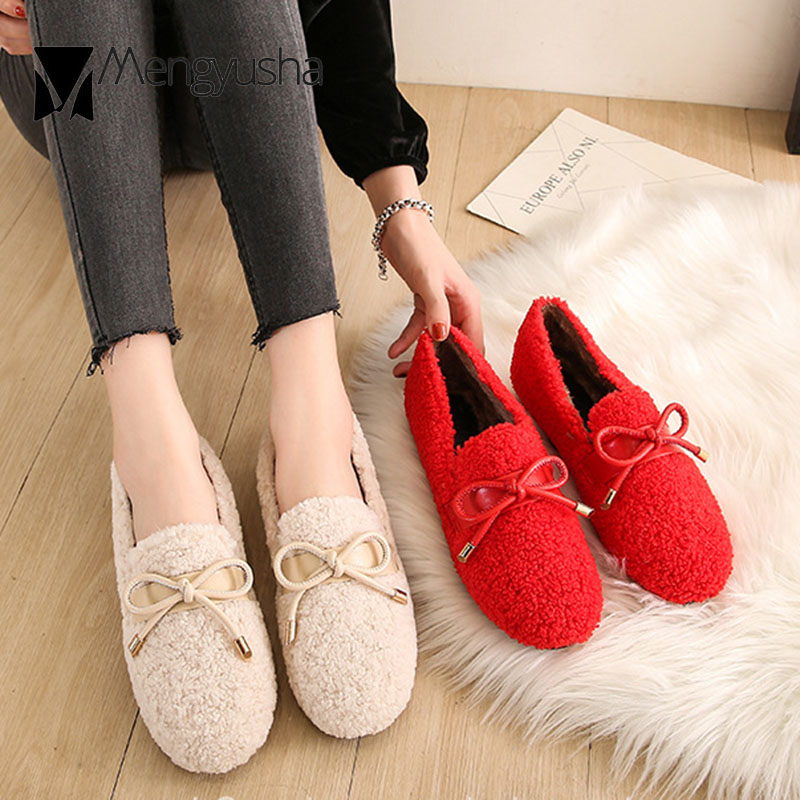woman cf0c3 plush moccasins Butterfly-Knot fur flats slip on loafers female winter cotton plus size lambswool ballet shoes women cott