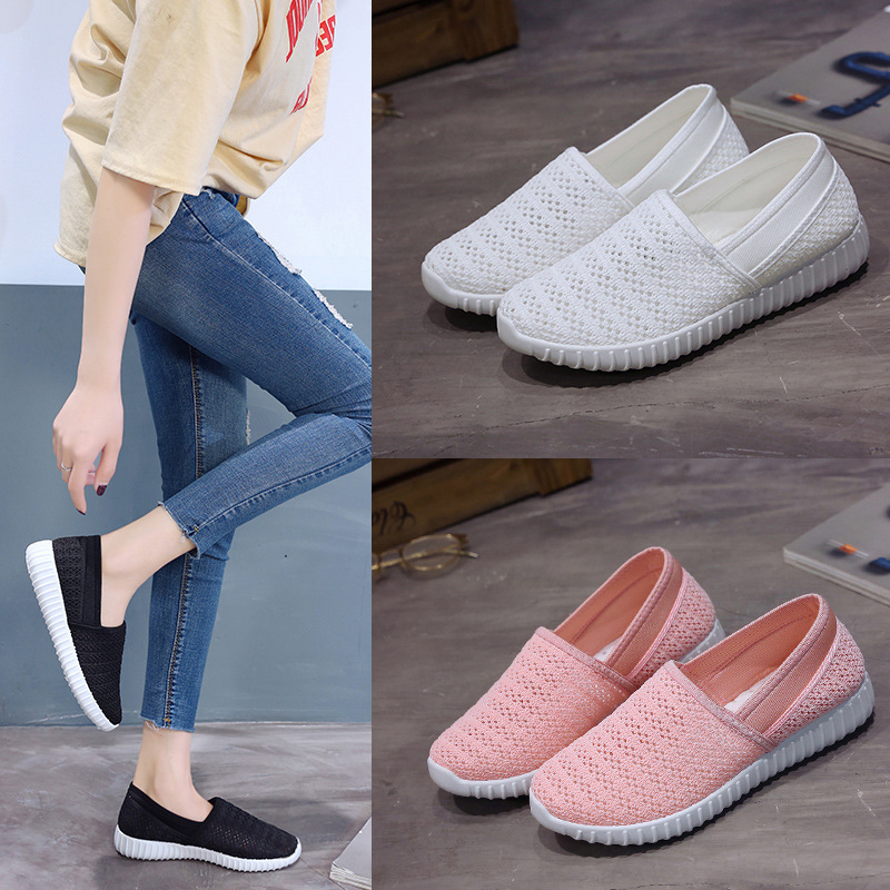 Summer Women's Breathable Mesh Casual Shoes Daily Walking Shoes Women Slip-ons Flat Shoes Low Top Shallow Jogging Sports Shoes