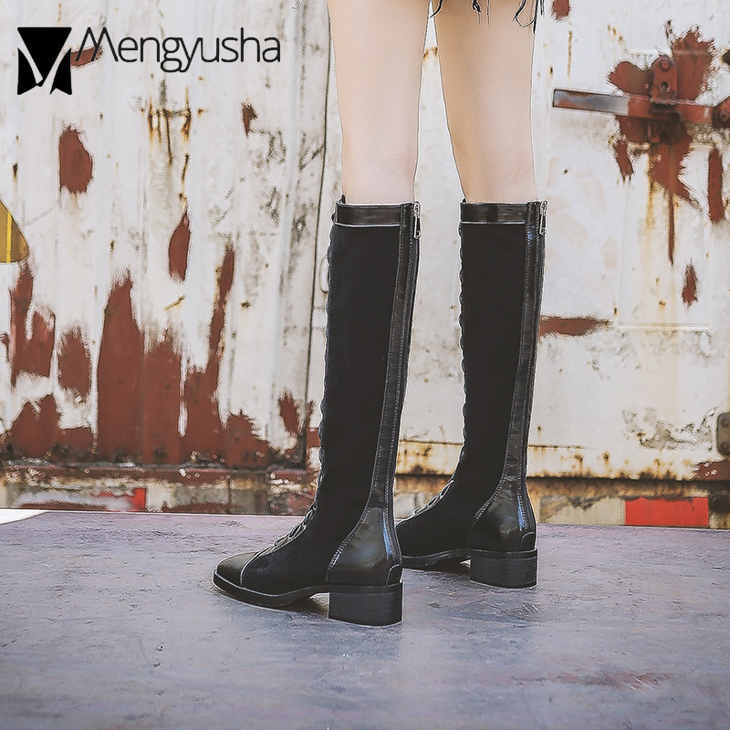 Knee Boots Women Cross Tie Knight Motorcycle Botas Winter Long Tube Botines Patchwork Faux Suede&Leather High Top Booties 013d