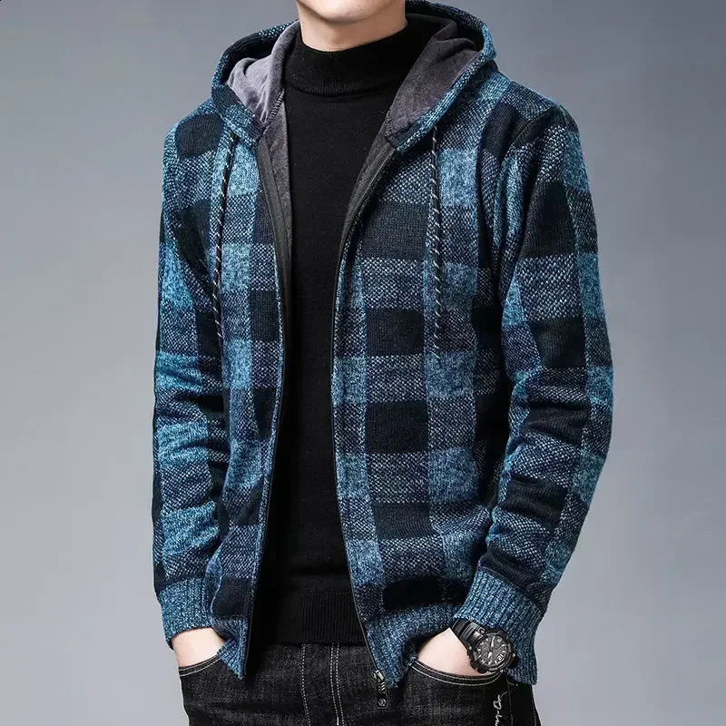 Knit Sweater Male Zipper Plaid Mens Clothing Cardigan Hoodies Zip-up Thick Winter Red Tops Jumpers Casual Stylish A 240902