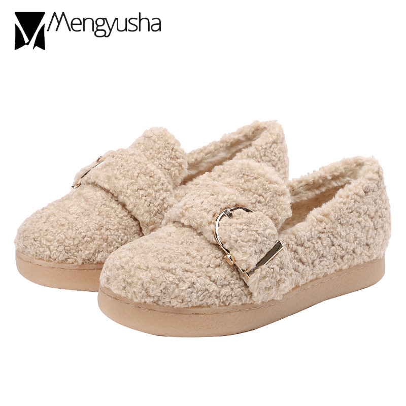 wool toe round 5b2a5 oxford warm plush winter flats female metal buckle curly fur cotton shoes woman furry moccasin ry