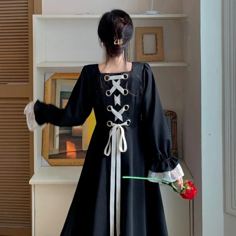 Strap waist loose long sleeved womens long skirt retro autumn Y2k black lace party vest De Mujer 240902 - view 4
